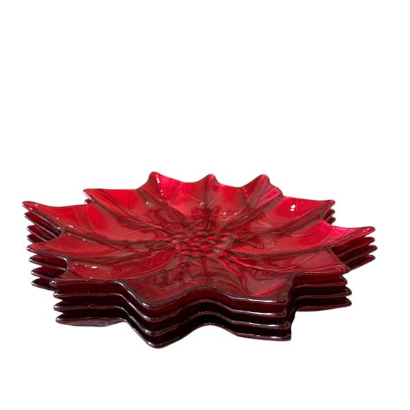 4 Akcam Turkish Glass Red Shimmer Poinsettia 8" Plate Set of 4 Christmas Holiday - Picture 13 of 16